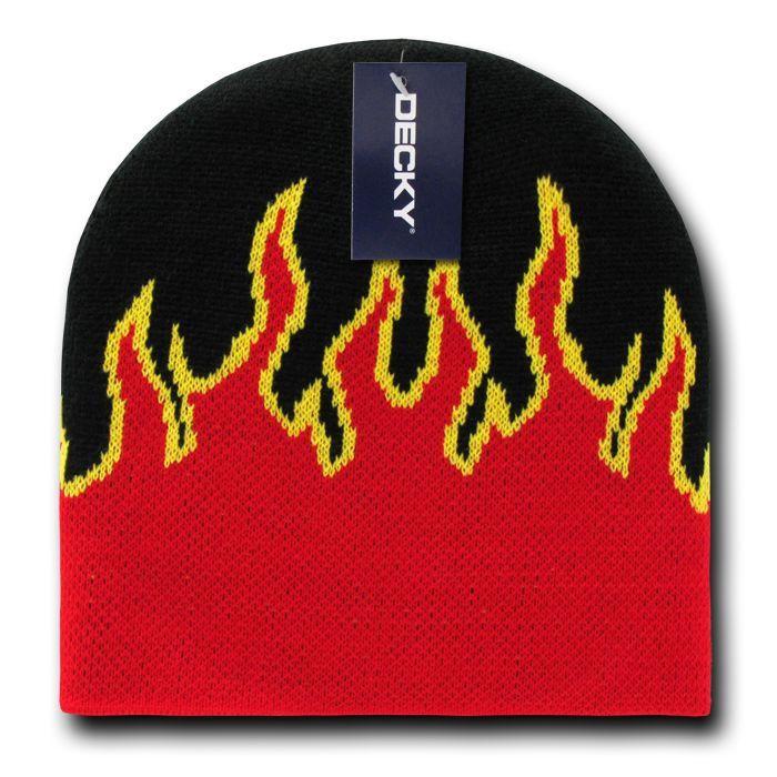 Decky Fire Flames Tribal Beanies Hats Caps Ski Skull Short Uncuffed Winter-8003 - Black/Red/Yellow-