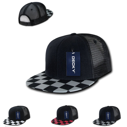 Decky Flat Bill Checkered Racing Flag 6 Panel Trucker Hats Caps Snapback-Black/Grey-