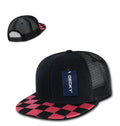 Decky Flat Bill Checkered Racing Flag 6 Panel Trucker Hats Caps Snapback-Black/Hot Pink-