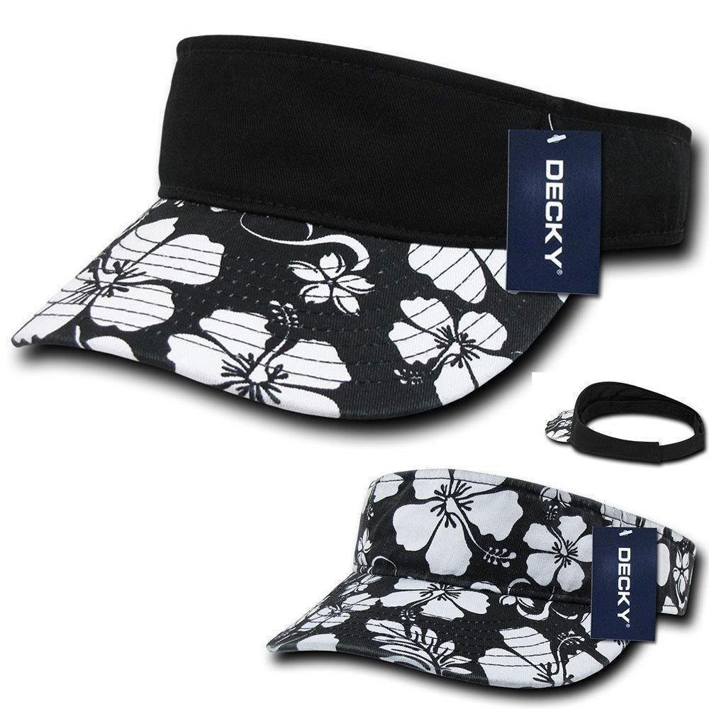 Decky Floral Flower Polo Visor Curved Bill Summer Sun Sports Golf Hook And Loop-Black-