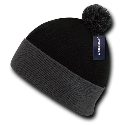 Decky Pom Pom Two Tone Beanies Long Cuffed Tight Stretchy Knitted Ski Caps Hats-Black/Gold-