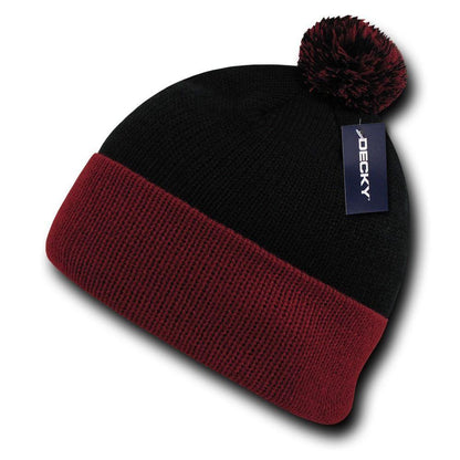 Decky Pom Pom Two Tone Beanies Long Cuffed Tight Stretchy Knitted Ski Caps Hats-Black/Gold-