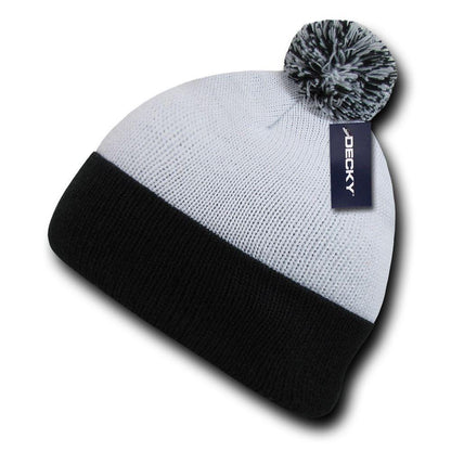 Decky Pom Pom Two Tone Beanies Long Cuffed Tight Stretchy Knitted Ski Caps Hats-Black/Gold-