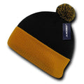 Decky Pom Pom Two Tone Beanies Long Cuffed Tight Stretchy Knitted Ski Caps Hats-Black/Gold-