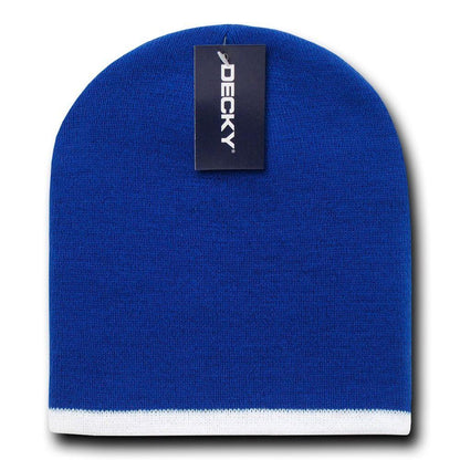 Decky Single Striped Two Tone Beanies Knitted Ski Skull Caps Hats Warm Winter-Royal/White-