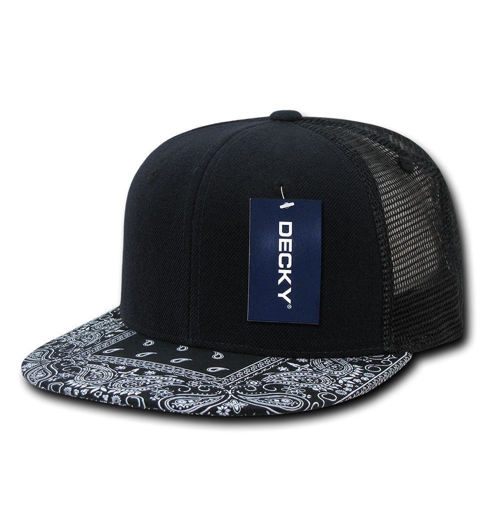 Decky Stylish Bandana Print Flat Bill Trucker 6 Panel Hats Caps Snapback Unisex-Black/Black-