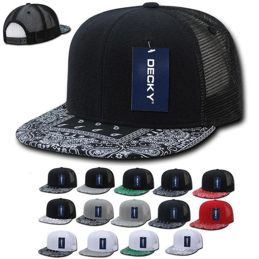 Decky Stylish Bandana Print Flat Bill Trucker 6 Panel Hats Caps Snapback Unisex-Black/Black-