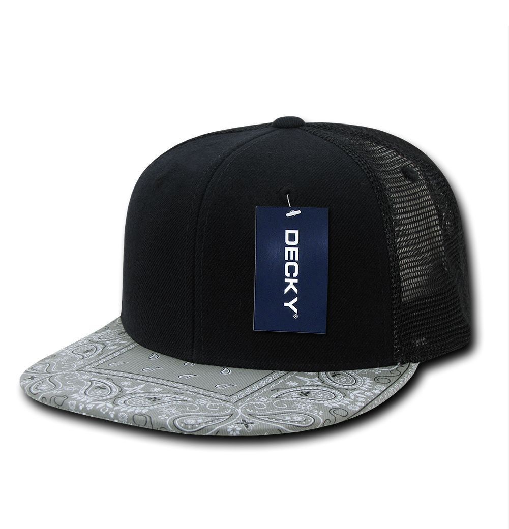 Decky Stylish Bandana Print Flat Bill Trucker 6 Panel Hats Caps Snapback Unisex-Black/Black-