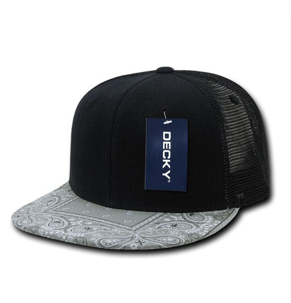 Decky Stylish Bandana Print Flat Bill Trucker 6 Panel Hats Caps Snapback Unisex-Black/Black-