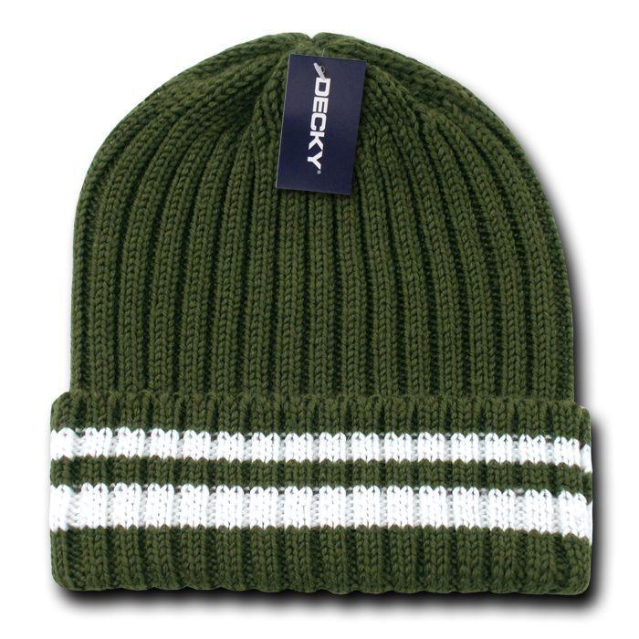Decky Sweater Beanies Striped Thick Ribbing Knitted Skull Ski Winter Caps Hats-Olive-