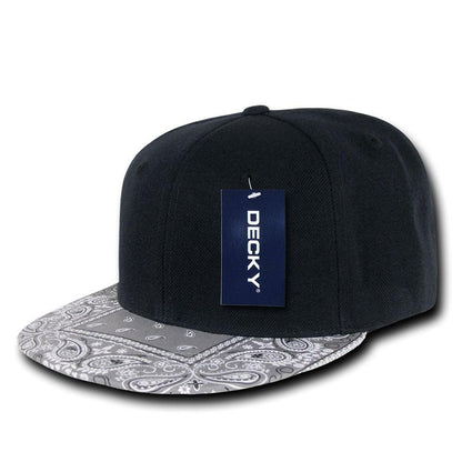 Decky Trendy Paisley Bandana Snapback Two Tone 6 Panel Flat Bill Hats Caps-Black/Black-
