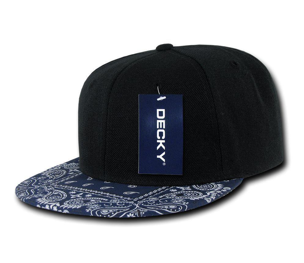 Decky Trendy Paisley Bandana Snapback Two Tone 6 Panel Flat Bill Hats Caps-Black/Black-