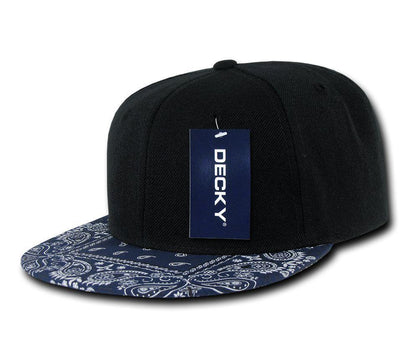 Decky Trendy Paisley Bandana Snapback Two Tone 6 Panel Flat Bill Hats Caps-Black/Black-