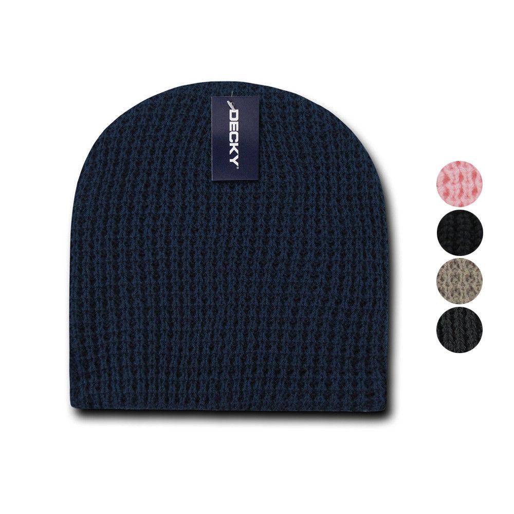 Decky Waffle Knit Beanies Short Uncuffed Braid Crocheted Hats Caps Warm Winter-Black-