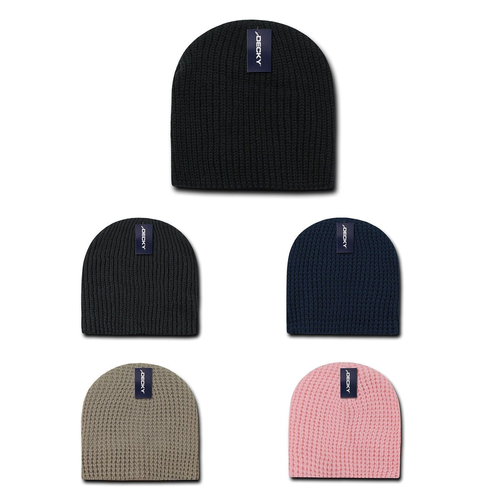 Decky Waffle Knit Beanies Short Uncuffed Braid Crocheted Hats Caps Warm Winter-Black-