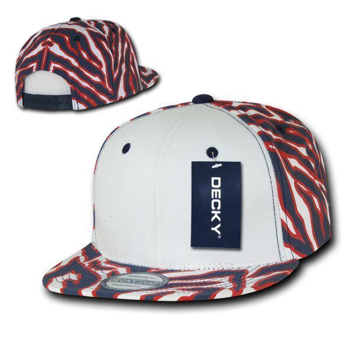 Decky Zebra White Front Animal Print Flat Bill Baseball Hats Caps-BLACK / WHITE FRONT-