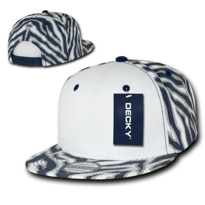 Decky Zebra White Front Animal Print Flat Bill Baseball Hats Caps-BLACK / WHITE FRONT-