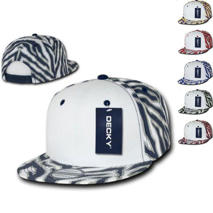 Decky Zebra White Front Animal Print Flat Bill Baseball Hats Caps-BLACK / WHITE FRONT-