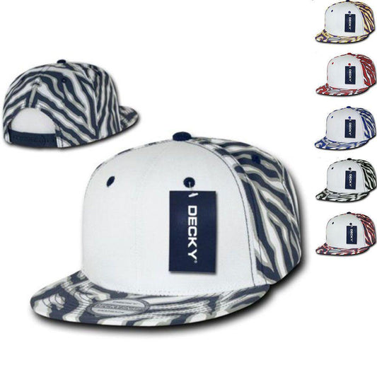 Decky Zebra White Front Animal Print Flat Bill Baseball Hats Caps-BLACK / WHITE FRONT-