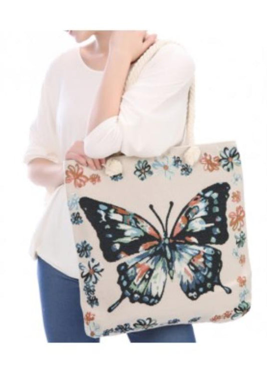 Deluxe Butterfly Reusable Grocery Shopping Women Totes Bag With Rope Handles-