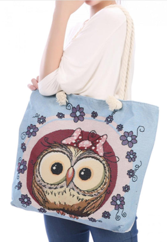 Deluxe Cute Pink Owl Reusable Grocery Shopping Women Totes Bag Rope Handles-