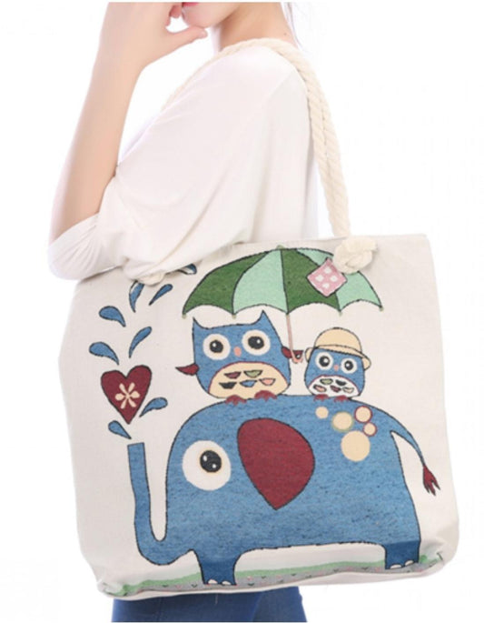 Deluxe Elephant And Owls Reusable Grocery Shopping Women Totes Bag Rope Handles-