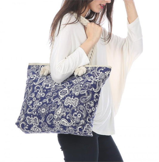 Deluxe Paisley Reusable Grocery Shopping Women Totes Bag With Rope Handles-