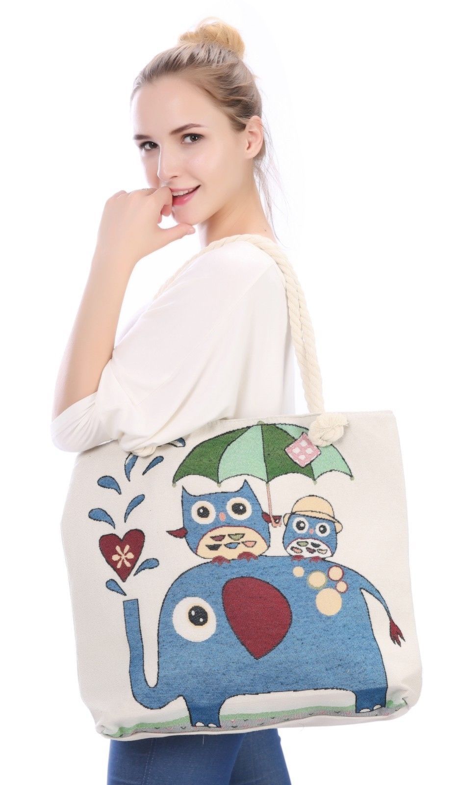 Designer Summer Tote Bags Eco Grocery Gym Work Beach Gifts For Women Wife Mom-Denim Elephant-