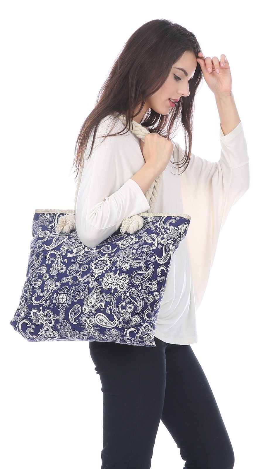 Designer Summer Tote Bags Eco Grocery Gym Work Beach Gifts For Women Wife Mom-Denim Elephant-