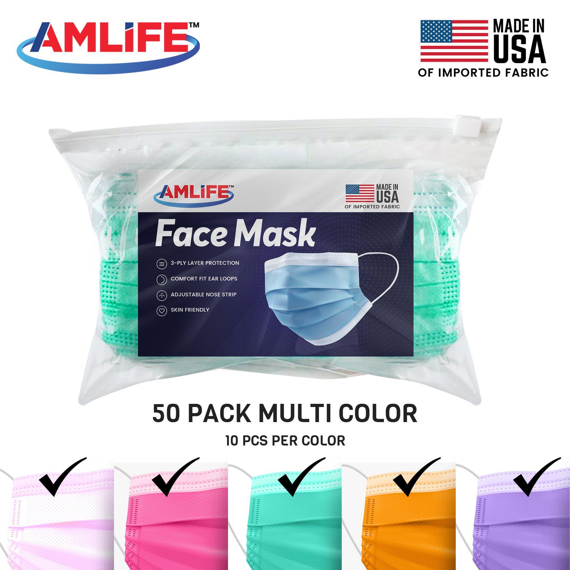 Amlife Face Masks Colorful Adult Made in USA Imported Fabric Pink Magenta Purple Green Orange Blue Black-Pink-10 Pack-