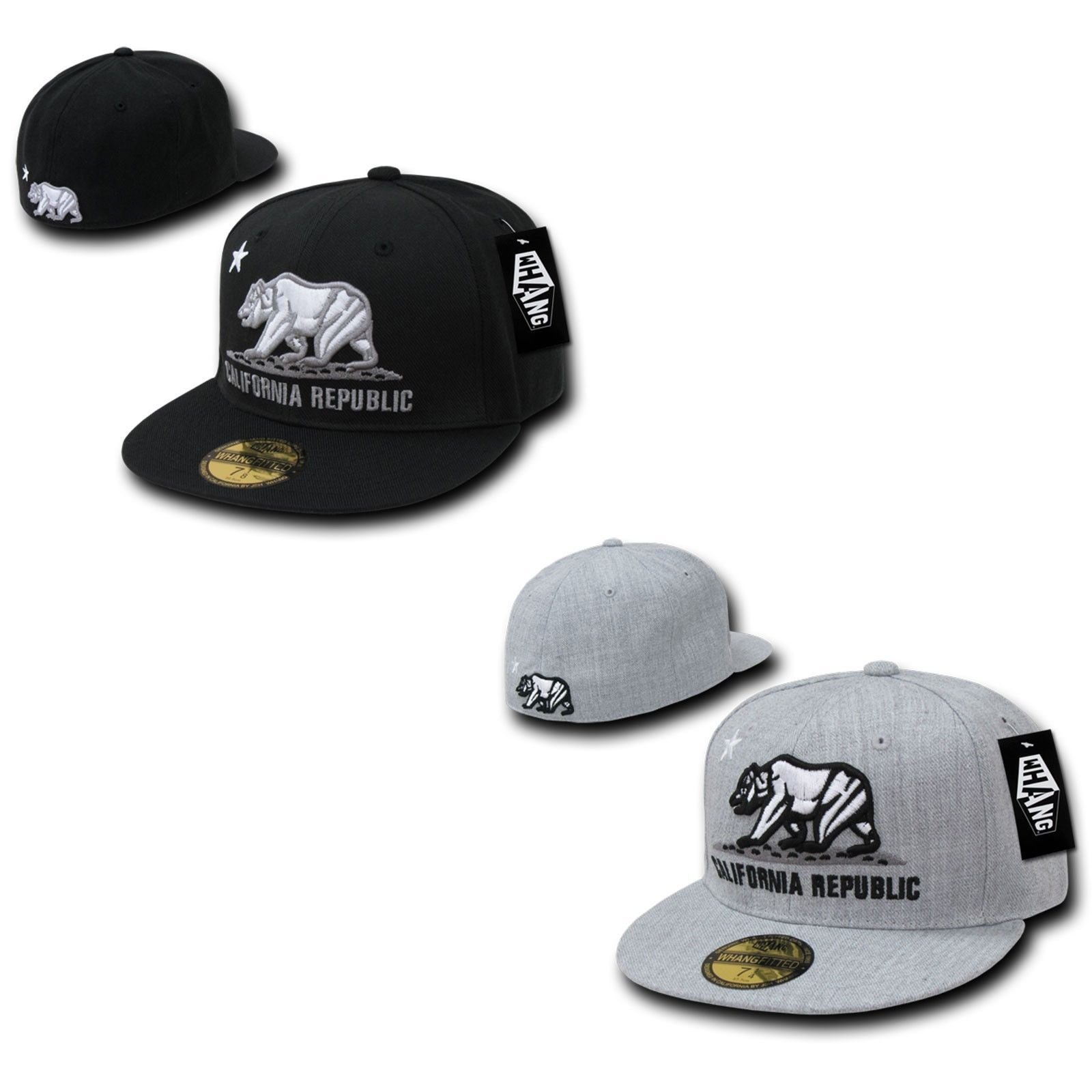 Whang Fitted California Bear Cali Retro Flat Bill Baseball Caps Hats-Black-6 7/8-