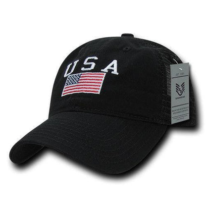 USA US Flag Patriotic Relaxed Fit Trucker Cotton Baseball Caps Hats-Black-