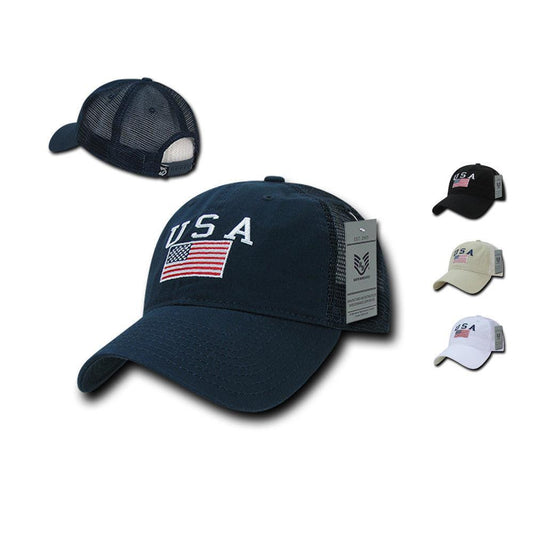 USA US Flag Patriotic Relaxed Fit Trucker Cotton Baseball Caps Hats-Black-
