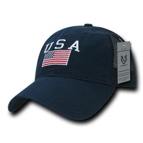 USA US Flag Patriotic Relaxed Fit Trucker Cotton Baseball Caps Hats-Black-