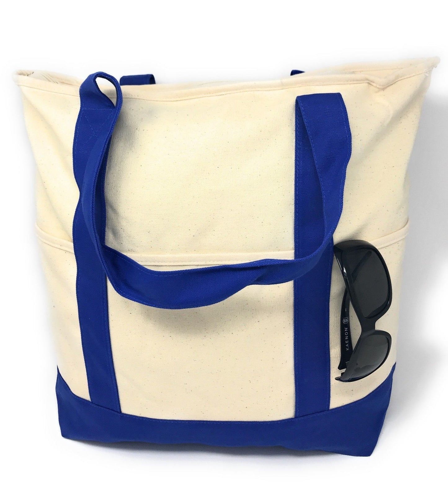 Large 20inch Cotton Canvas Reusable Grocery Shopping Tote Bags Zippered Travel-ROYAL/NATURAL-
