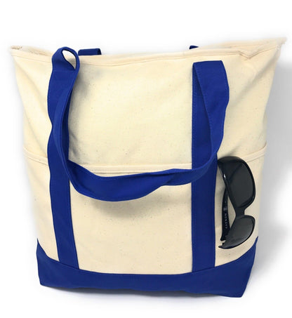 Large 20inch Cotton Canvas Reusable Grocery Shopping Tote Bags Zippered Travel-ROYAL/NATURAL-