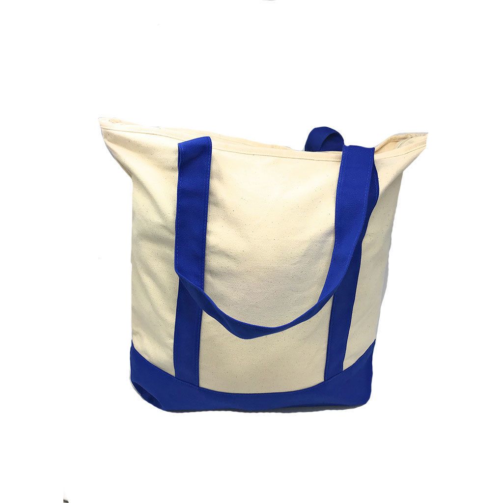 Large 20inch Cotton Canvas Reusable Grocery Shopping Tote Bags Zippered Travel-ROYAL/NATURAL-