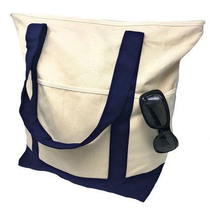 Large 20inch Cotton Canvas Reusable Grocery Shopping Tote Bags Zippered Travel-ROYAL/NATURAL-