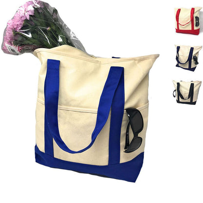 Large 20inch Cotton Canvas Reusable Grocery Shopping Tote Bags Zippered Travel-ROYAL/NATURAL-