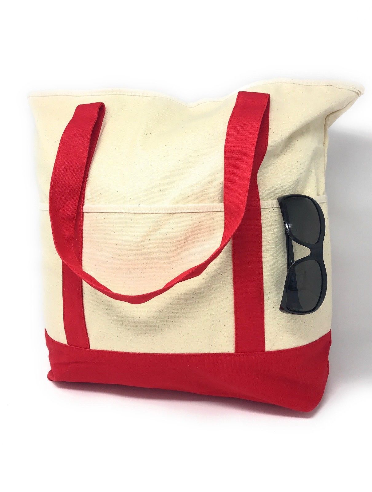 Large 20inch Cotton Canvas Reusable Grocery Shopping Tote Bags Zippered Travel-ROYAL/NATURAL-