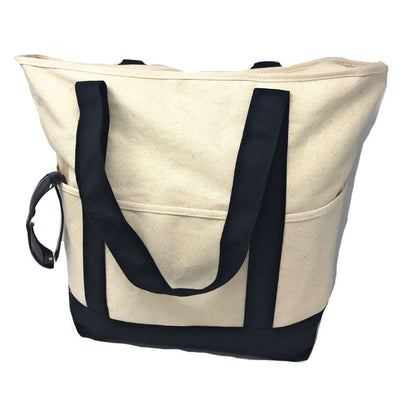 Large 20inch Cotton Canvas Reusable Grocery Shopping Tote Bags Zippered Travel-ROYAL/NATURAL-