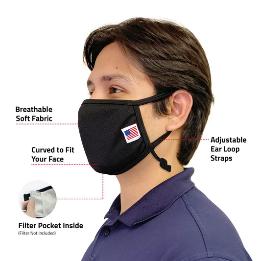 Made in USA Face Mask Adjustable Ear Filter Pocket Washable Reusable Double Layer Masks Cotton Cloth Blend-Black-