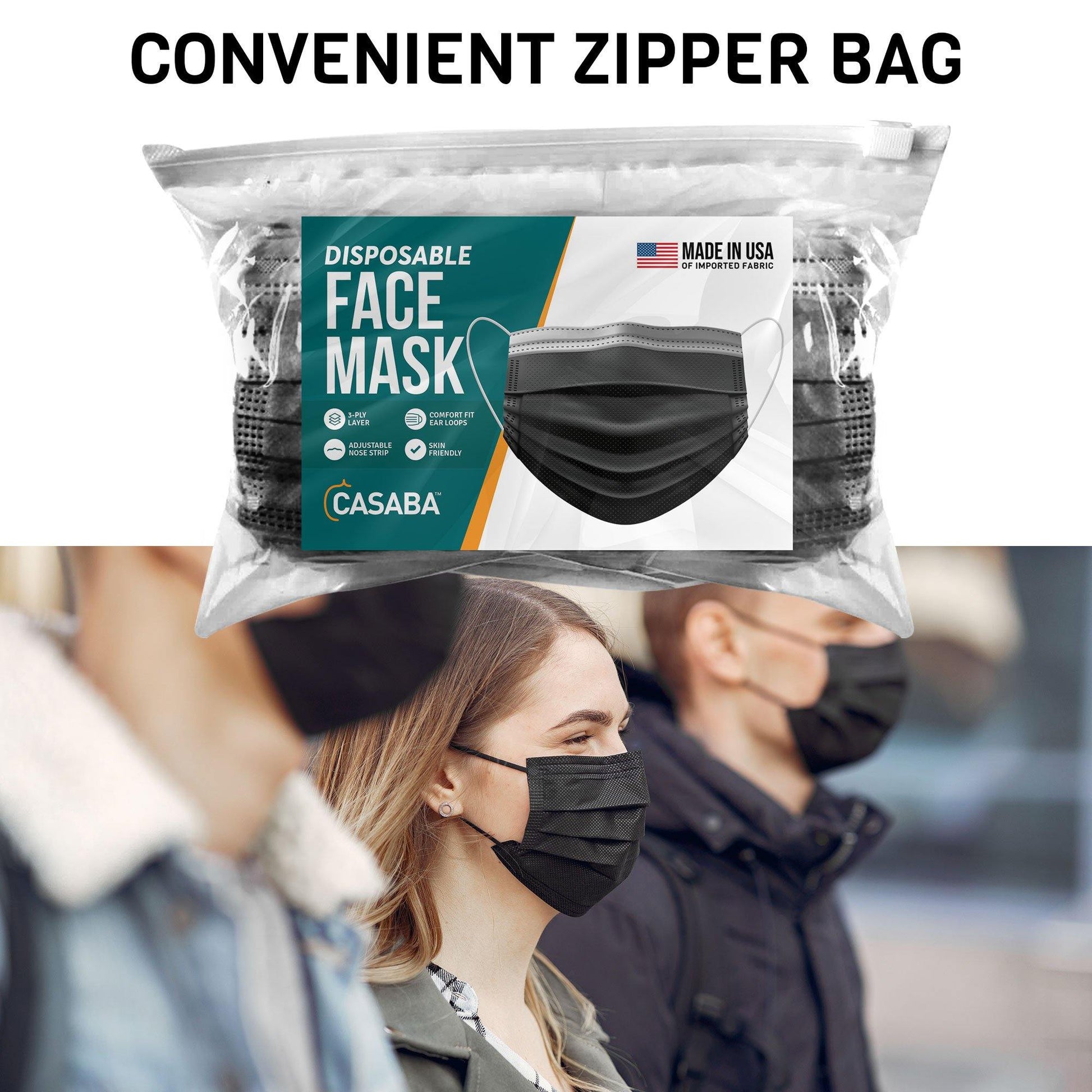 Casaba 100 Pack Black Disposable Face Masks 3-Ply Filter - Made in USA with Imported Fabric-