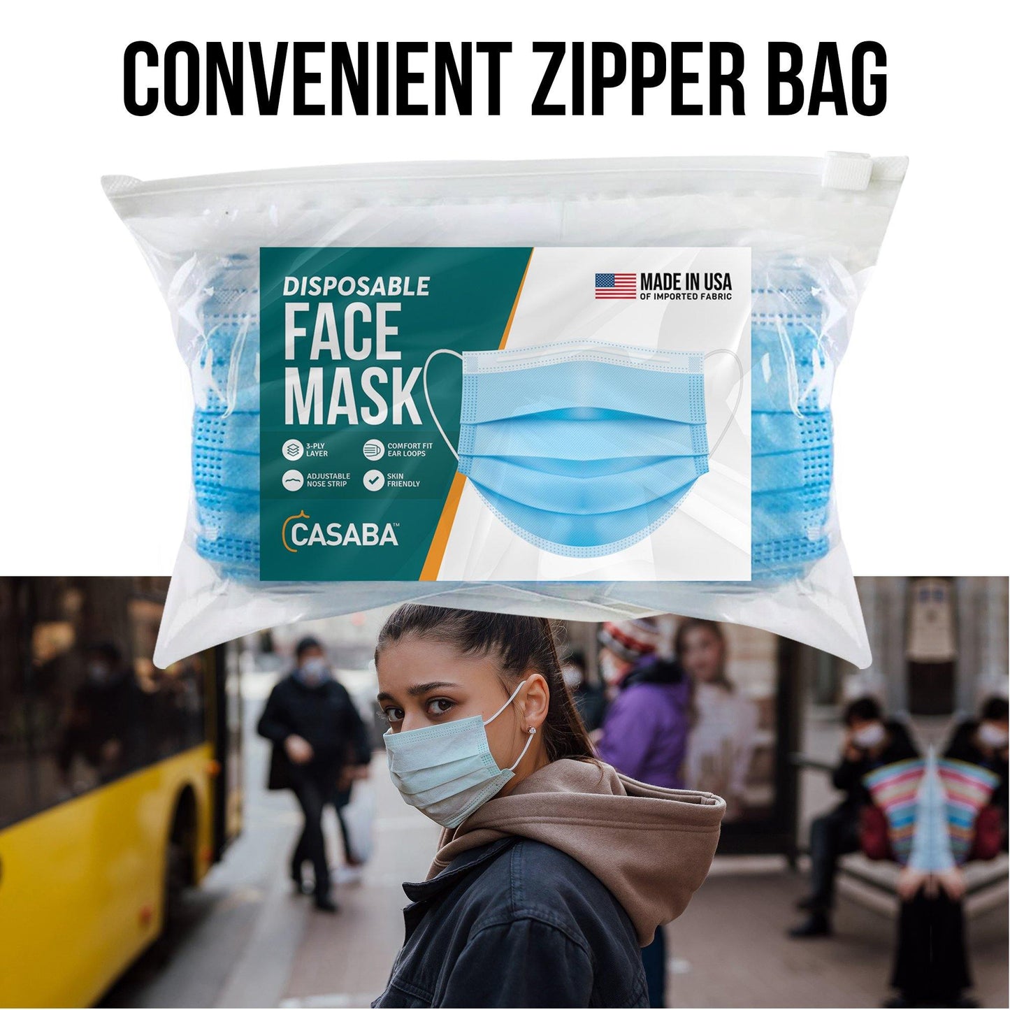 Casaba 50 Pack Blue Disposable Face Masks 3-Ply Filter - Made in USA with Imported Fabric-