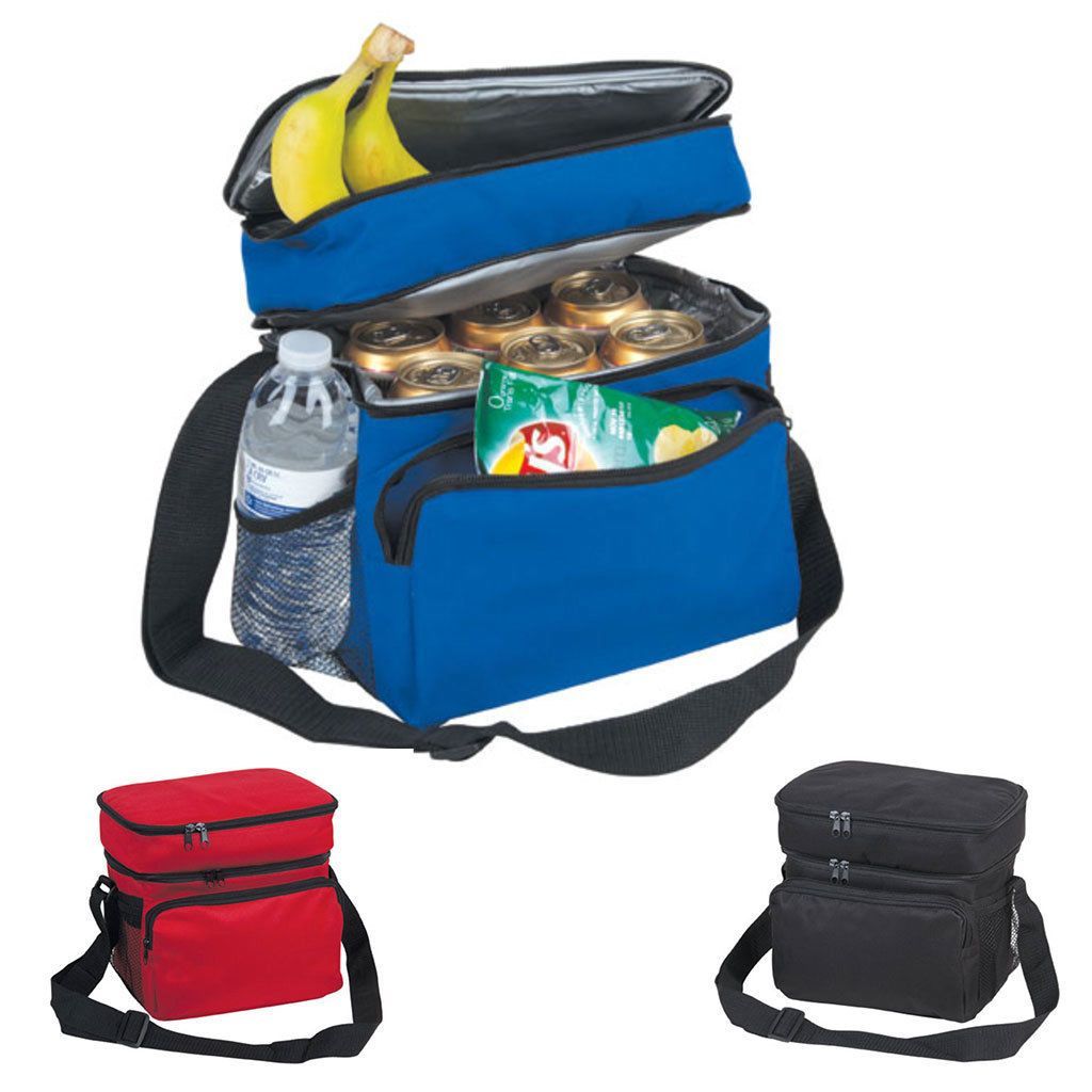 Insulated Lunch Box Cooler Bag 2 Compartments Beer Drink Water Strap Pockets 10inch-BLACK-