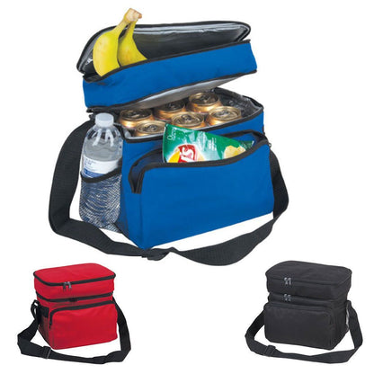 Insulated Lunch Box Cooler Bag 2 Compartments Beer Drink Water Strap Pockets 10inch-BLACK-