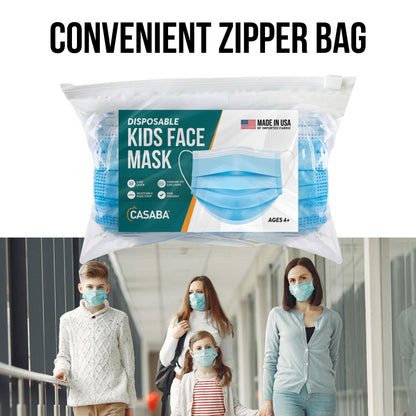 Casaba Kids Size 100 Pack Disposable Face Masks 3-Ply Filter - Made in USA with Imported Fabric-