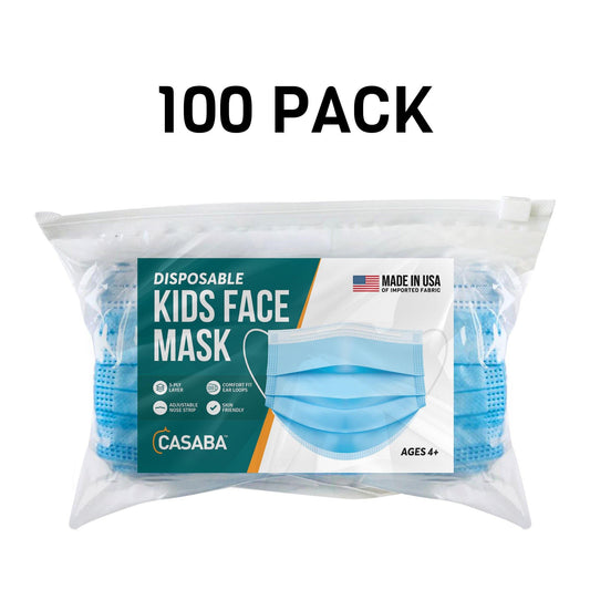 Casaba Kids Size 100 Pack Disposable Face Masks 3-Ply Filter - Made in USA with Imported Fabric-
