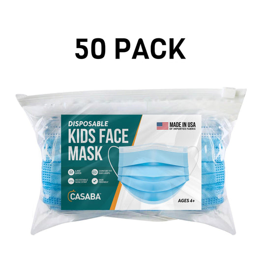 Casaba Kids 50 Pack Disposable Face Masks 3-Ply Filter - Made in USA with Imported Fabric-