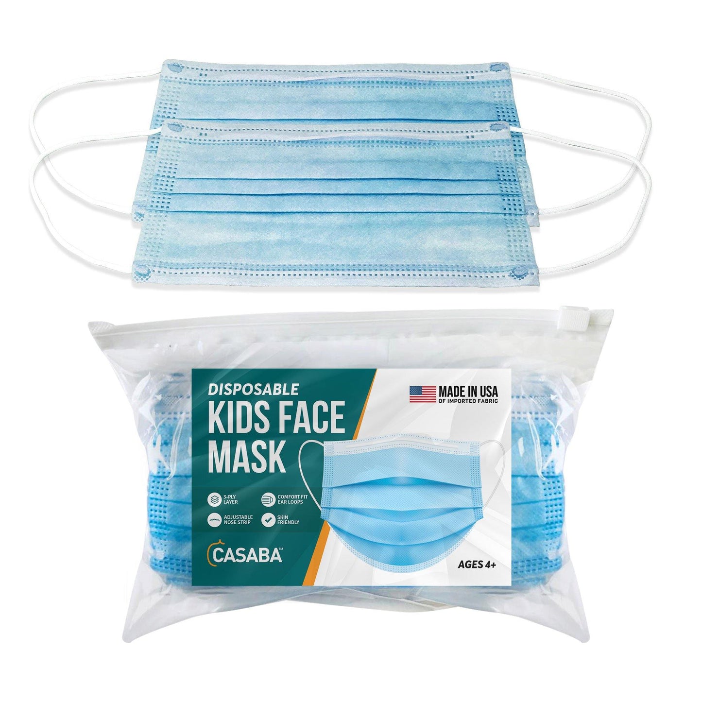 Casaba Kids Size 100 Pack Disposable Face Masks 3-Ply Filter - Made in USA with Imported Fabric-